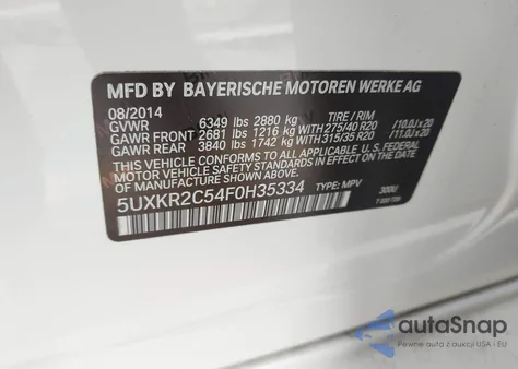 2015 BMW X5 Sdrive35I z USA, uszkodzony, nr VIN 5UXKR2C54F0H35334